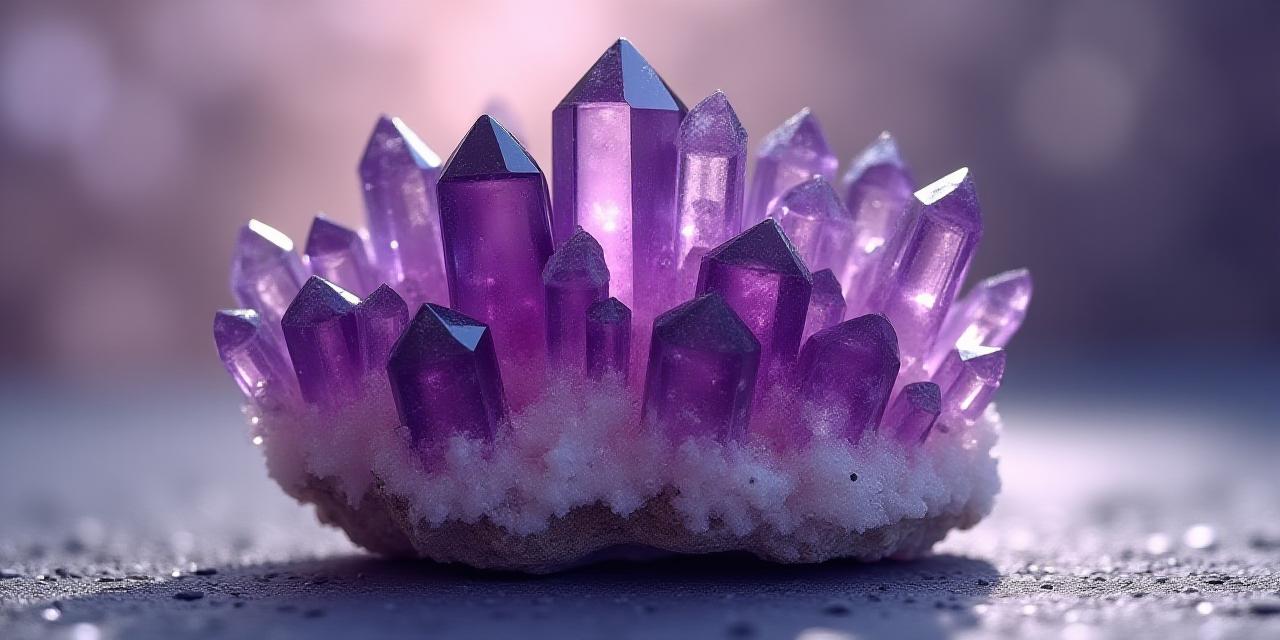Close up of a vibrant purple amethyst cluster with crystalline precision